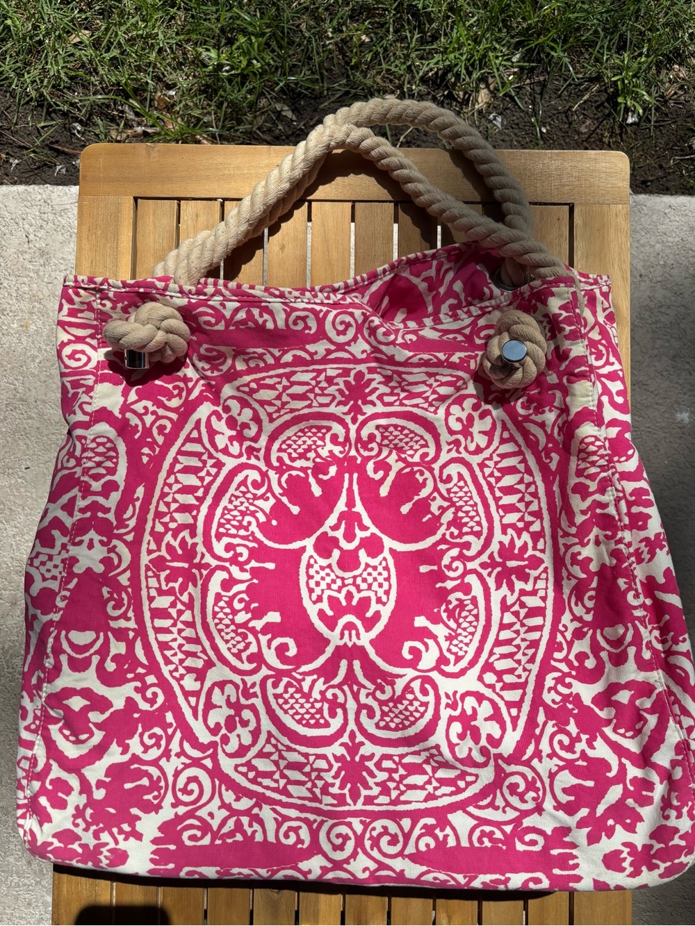Y2K Donna Dixon Vintage Pink Damask Canvas Tote Beach Bag Rope Handles